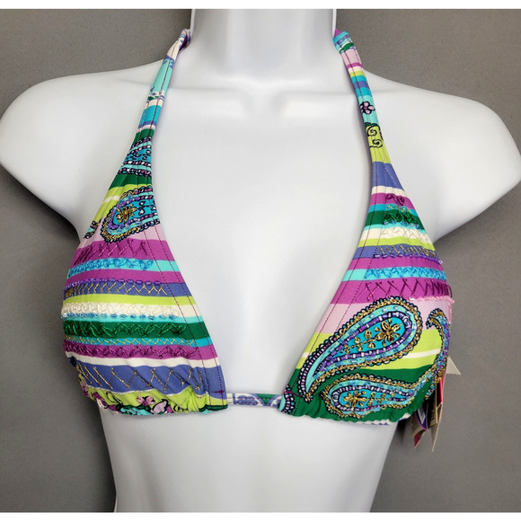 Cia Maritima Floral Bikini Top Womens Medium Embroidered Beaded Stripe Swimwear - Picture 1 of 12